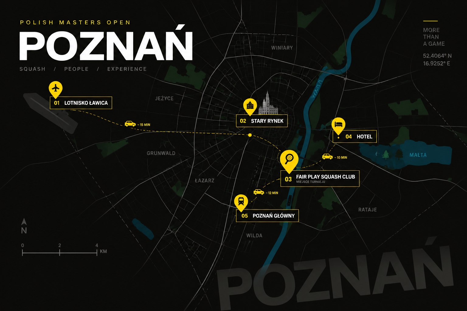 Plakatowa mapa Poznania — Polish Masters Open, z kluczowymi lokalizacjami turnieju